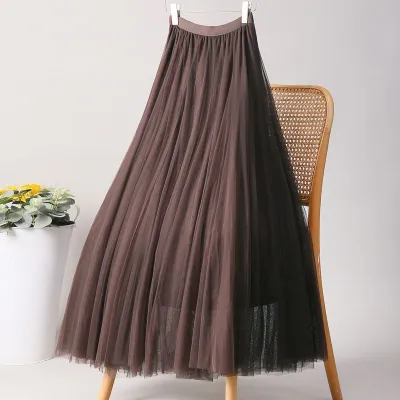 Women Fashion Casual Summer Solid Color Mesh Large Swing High Waist Skirt