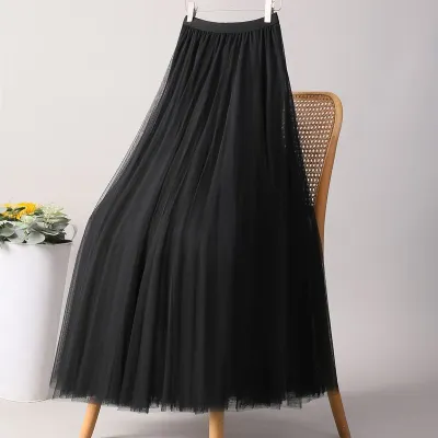 Women Fashion Casual Summer Solid Color Mesh Large Swing High Waist Skirt