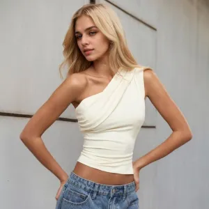 Women Fashion Sexy Summer Solid Color Slant-Shoulder Tank Top