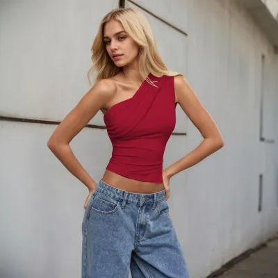 Women Fashion Sexy Summer Solid Color Slant-Shoulder Tank Top