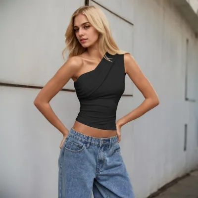 Women Fashion Sexy Summer Solid Color Slant-Shoulder Tank Top