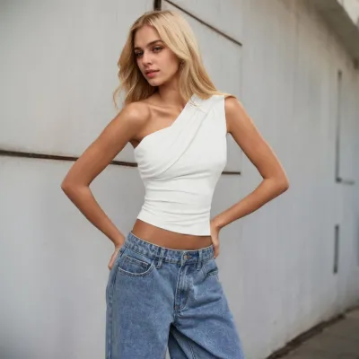 Women Fashion Sexy Summer Solid Color Slant-Shoulder Tank Top