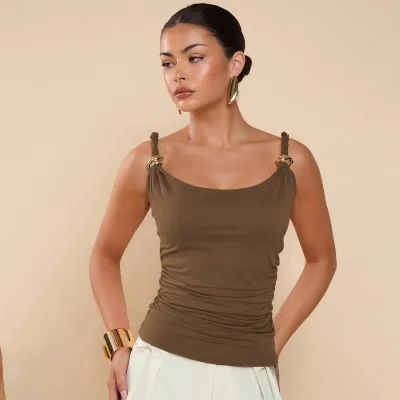 Women Fashion Sexy Summer Solid Color Metal Buckle Thin Slim Fit Pleated Camisole