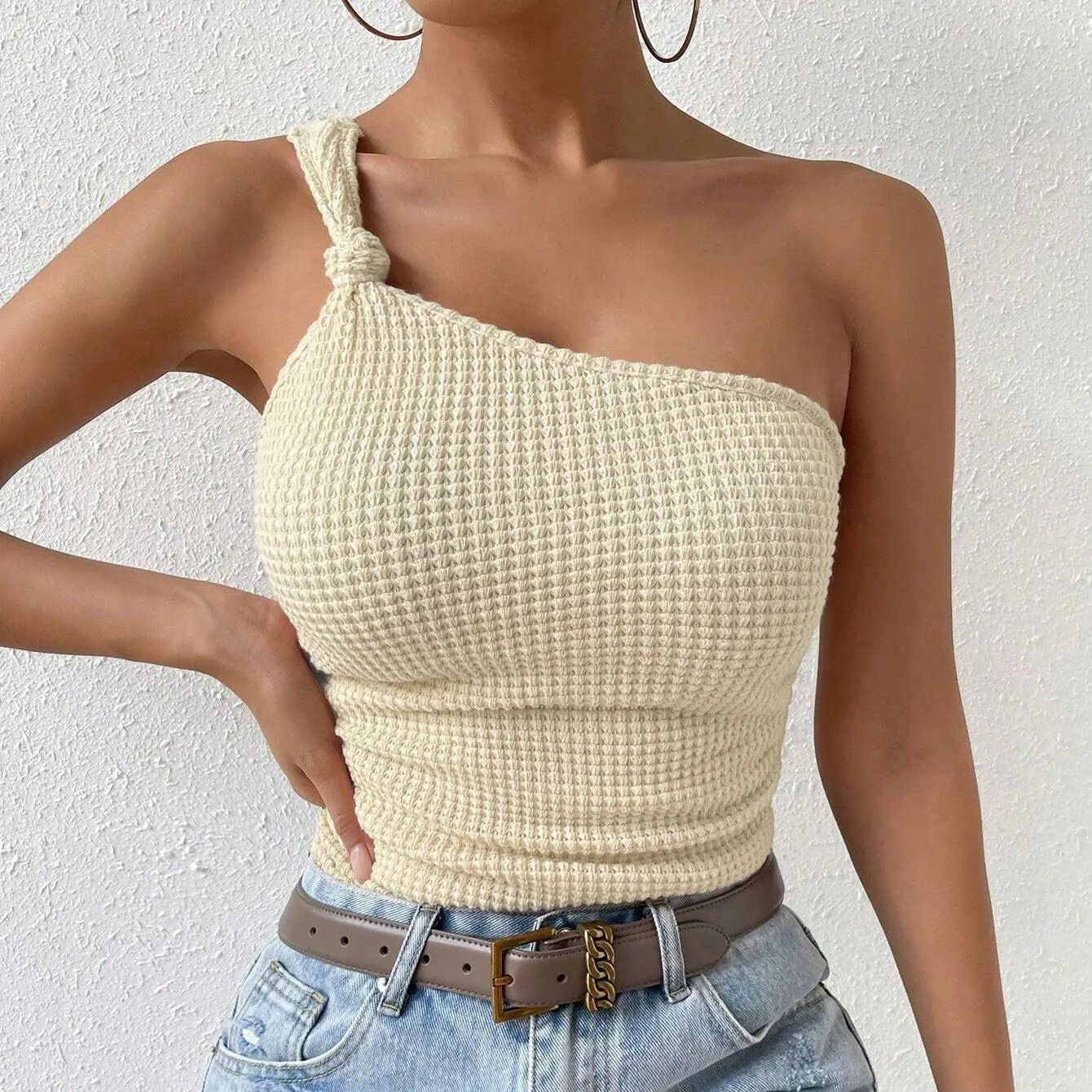 Women Fashion Sexy Summer Solid Color One-Shoulder Slim-Fit Tank Top