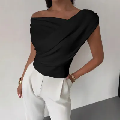 Women Fashion Elegant Summer Solid Color Slanted Shoulder Sleeveless Slim-Fit Blouse