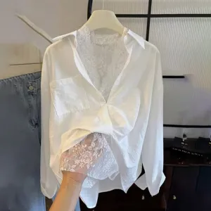 Women Fashion Casual Spring Solid Color Lace Stitching Tank Top Lapel Long-Sleeve Blouse Set
