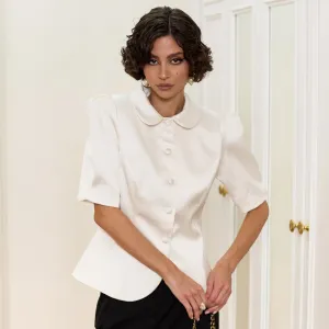 Women Fashion Elegant Summer Solid Color Bubble Sleeve Slim Fit Blouse