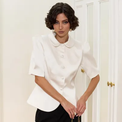 Women Fashion Elegant Summer Solid Color Bubble Sleeve Slim Fit Blouse