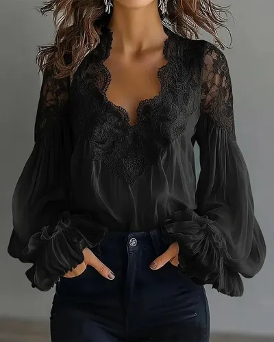 Women Fashion Elegant Spring Solid Color Lace Stitching Long Puff Sleeve Pleated Blouse