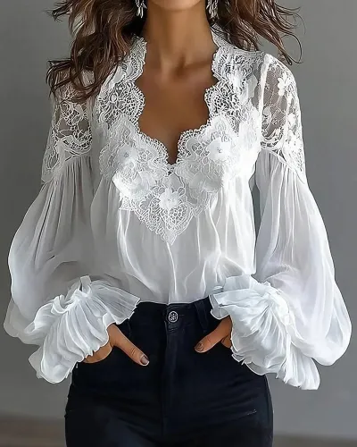 Women Fashion Elegant Spring Solid Color Lace Stitching Long Puff Sleeve Pleated Blouse