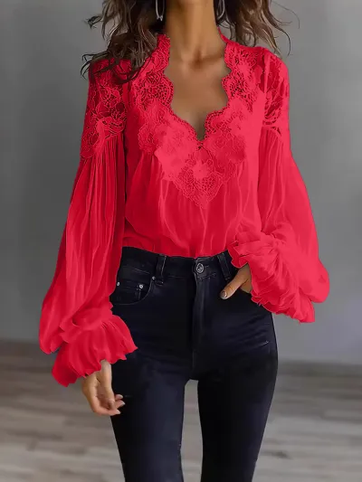 Women Fashion Elegant Spring Solid Color Lace Stitching Long Puff Sleeve Pleated Blouse