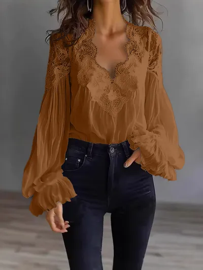Women Fashion Elegant Spring Solid Color Lace Stitching Long Puff Sleeve Pleated Blouse