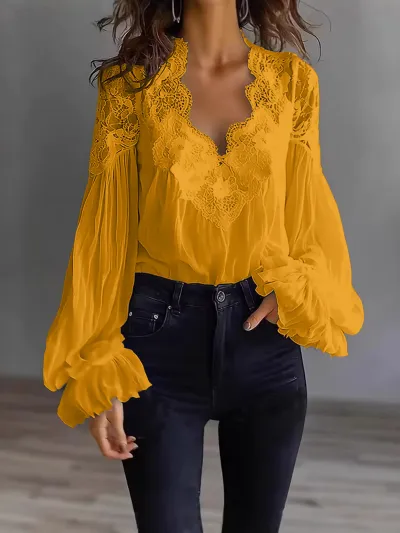 Women Fashion Elegant Spring Solid Color Lace Stitching Long Puff Sleeve Pleated Blouse