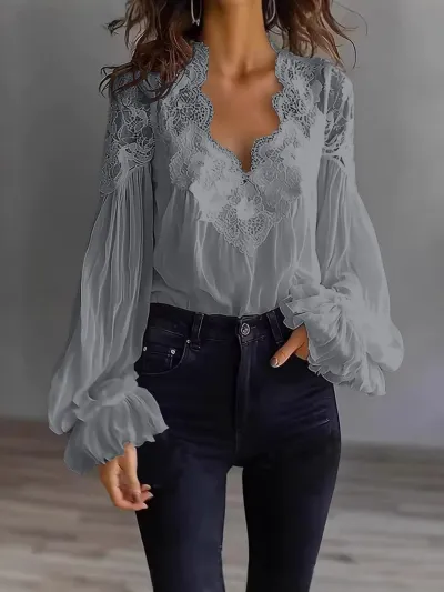 Women Fashion Elegant Spring Solid Color Lace Stitching Long Puff Sleeve Pleated Blouse