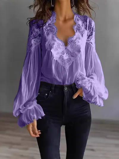 Women Fashion Elegant Spring Solid Color Lace Stitching Long Puff Sleeve Pleated Blouse