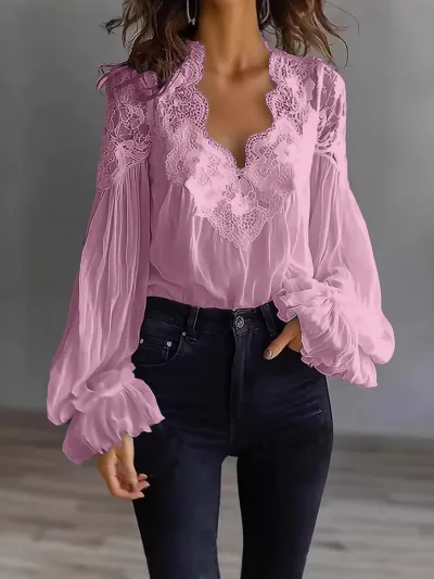 Women Fashion Elegant Spring Solid Color Lace Stitching Long Puff Sleeve Pleated Blouse