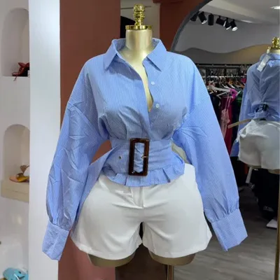 Women Fashion Casual Spring Stripe Tight Waist Lapel Long Sleeve Blouse