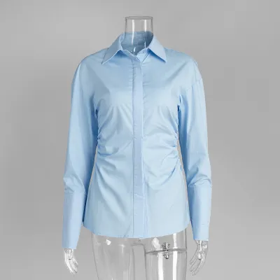 Women Fashion Casual Spring Solid Color Cotton Lapel Long-Sleeve Slim-Fit Pleated Blouse