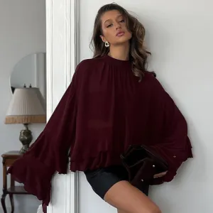 Women Fashion Elegant Spring Solid Color Chiffon Ruffled Long Sleeve Blouse