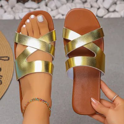Women Casual Solid Color Cross Strap Round Toe Flat Slippers Plus Size