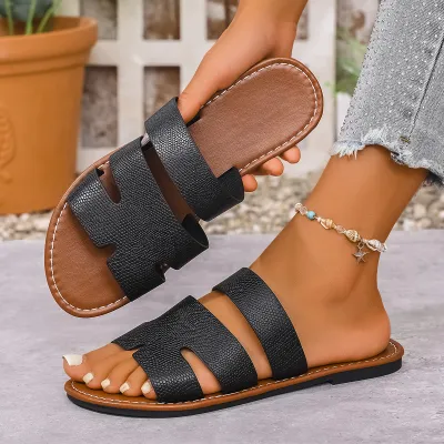 Women Casual Simple Solid Color Round-Toe Flat Slip-On Slippers Plus Size PU Rubber