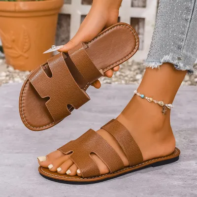 Women Casual Simple Solid Color Round-Toe Flat Slip-On Slippers Plus Size PU Rubber