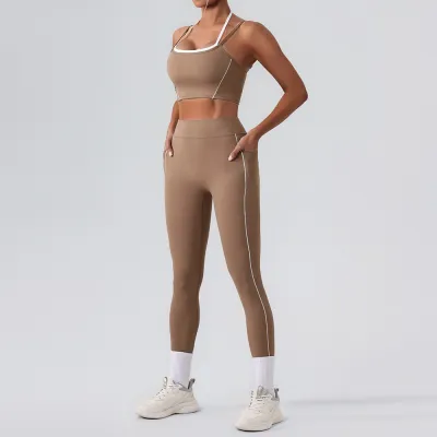 Women Fashion Contrast Color Bra High Waist Tight Pants Yoga Sports Two-Piece Set