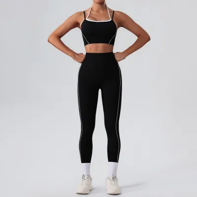 Women Fashion Contrast Color Bra High Waist Tight Pants Yoga Sports Two-Piece Set