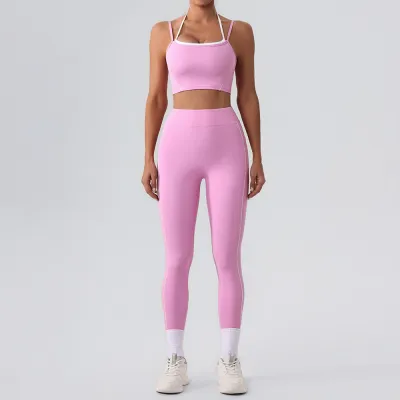 Women Fashion Contrast Color Bra High Waist Tight Pants Yoga Sports Two-Piece Set