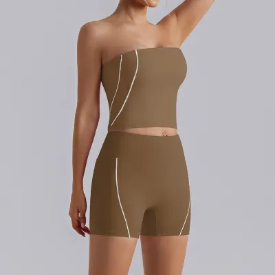 Women Fashion Casual Line Tube Top High Waist Tight Shorts Yoga Sports Two-Piece Set