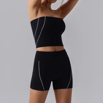 Women Fashion Casual Line Tube Top High Waist Tight Shorts Yoga Sports Two-Piece Set