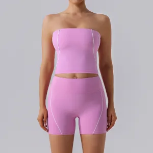 Women Fashion Casual Line Tube Top High Waist Tight Shorts Yoga Sports Two-Piece Set