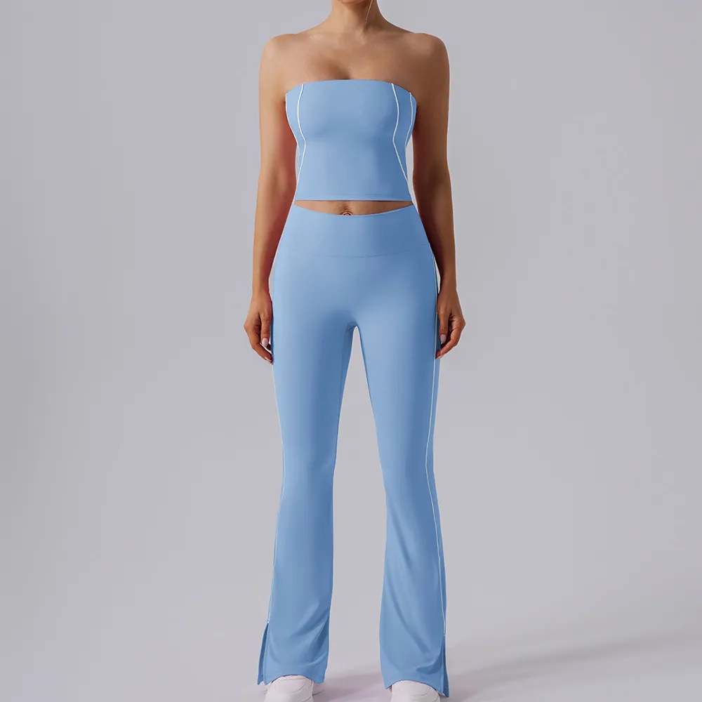 Women Fashion Casual Line Tube Top High Waist Tight Pants Yoga Sports Two-Piece Set