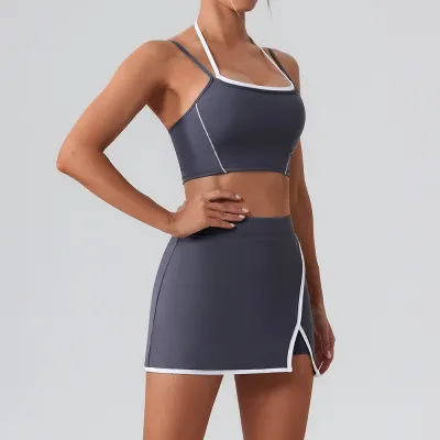 Women Fashion Contrast Color Bra High Waist Tight Skirts Yoga Sports Two-Piece Set