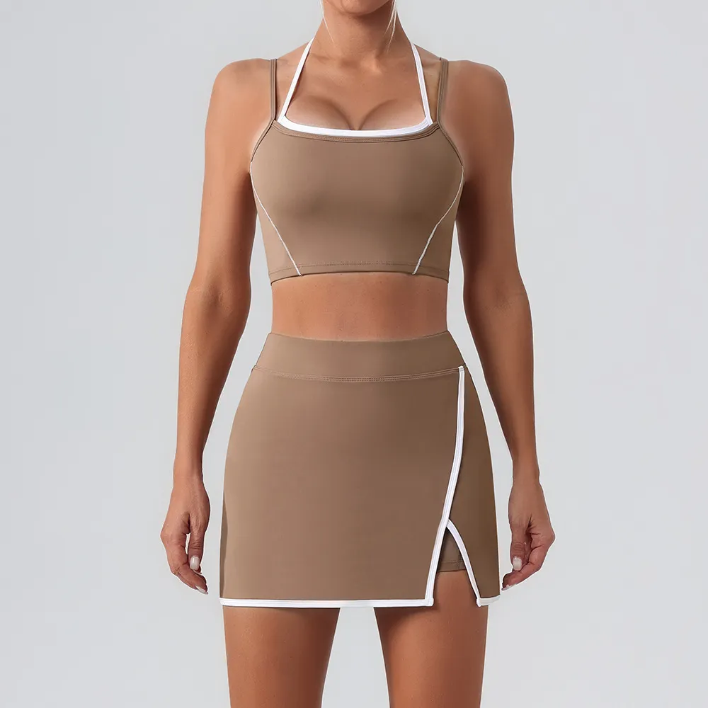 Women Fashion Contrast Color Bra High Waist Tight Skirts Yoga Sports Two-Piece Set