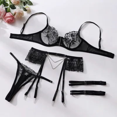 Women Fashion Solid Color Lace Perspective Chain Sexy Lingerie 5-Piece Set