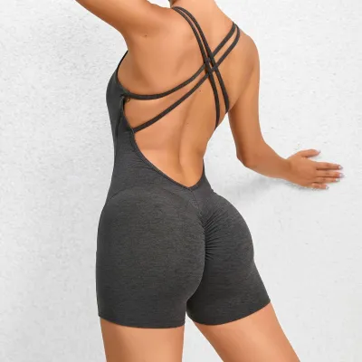 Women Fashion Sexy Solid Color Backless Pleated Quick-Drying Yoga Sports Rompers
