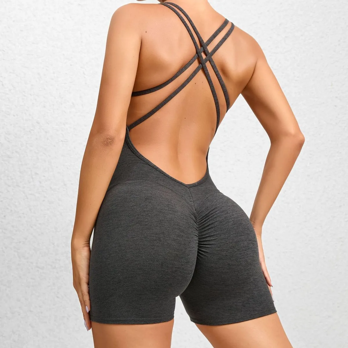 Women Fashion Sexy Solid Color Backless Pleated Quick-Drying Yoga Sports Rompers