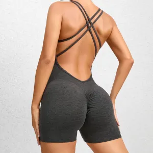 Women Fashion Sexy Solid Color Backless Pleated Quick-Drying Yoga Sports Rompers