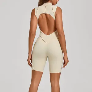 Women Fashion Solid Color Three-Dimensional Line Sanding Sleeveless Backless Zipper Yoga Sports Rompers