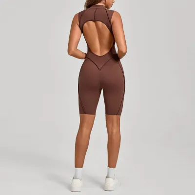 Women Fashion Solid Color Three-Dimensional Line Sanding Sleeveless Backless Zipper Yoga Sports Rompers