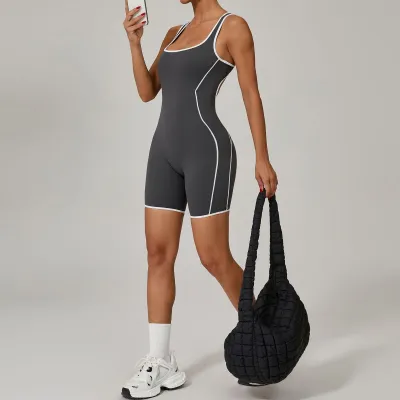 Women Fashion Color Contras Sleeveless Backless Tight Sports Yoga Rompers