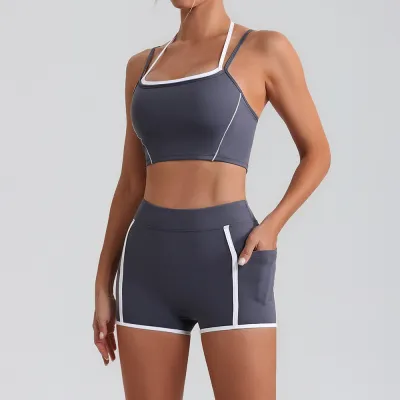 Women Fashion Contrast Color Bra High Waist Tight Shorts Yoga Sports Two-Piece Set