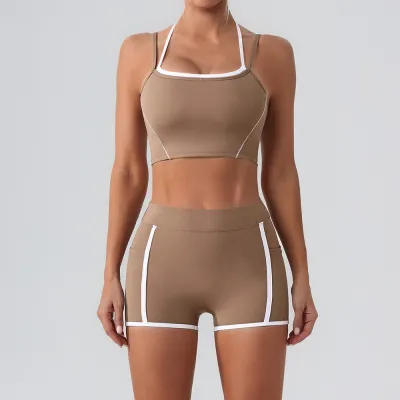 Women Fashion Contrast Color Bra High Waist Tight Shorts Yoga Sports Two-Piece Set