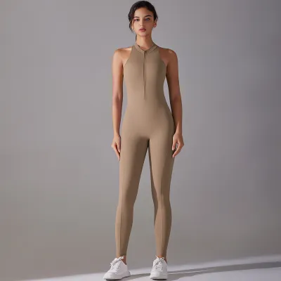 Women Fashion Solid Color Sleeveless Hollow-Out Zipper Yoga Sports Tight Jumpsuits