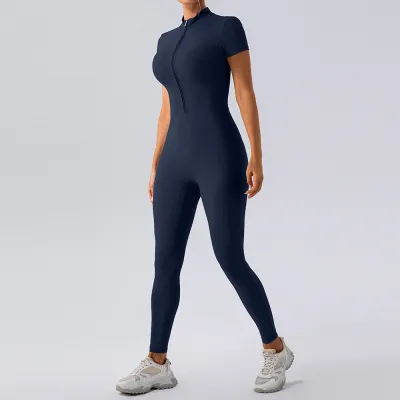 Women Fashion Casual Solid Color Short-Sleeve Zipper Yoga Sports Jumpsuits