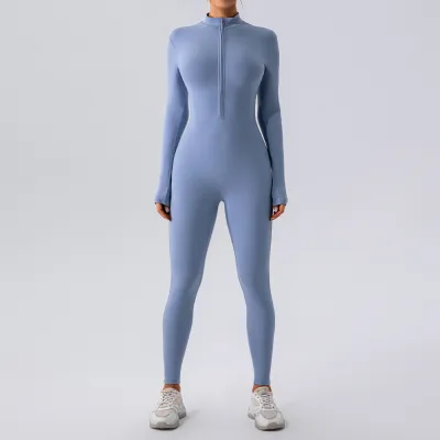 Women Fashion Casual Solid Color Seamless Long-Sleeve Zipper Tight Waist Yoga Sports Jumpsuits