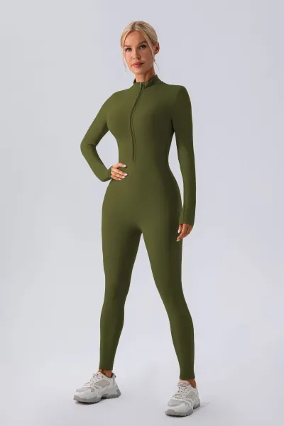 Women Fashion Casual Solid Color Seamless Long-Sleeve Zipper Tight Waist Yoga Sports Jumpsuits