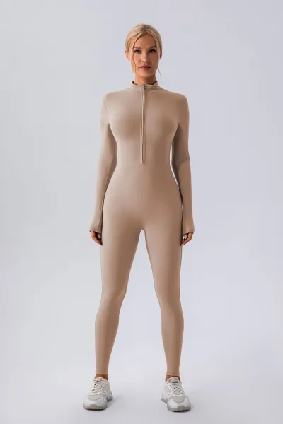 Women Fashion Casual Solid Color Seamless Long-Sleeve Zipper Tight Waist Yoga Sports Jumpsuits