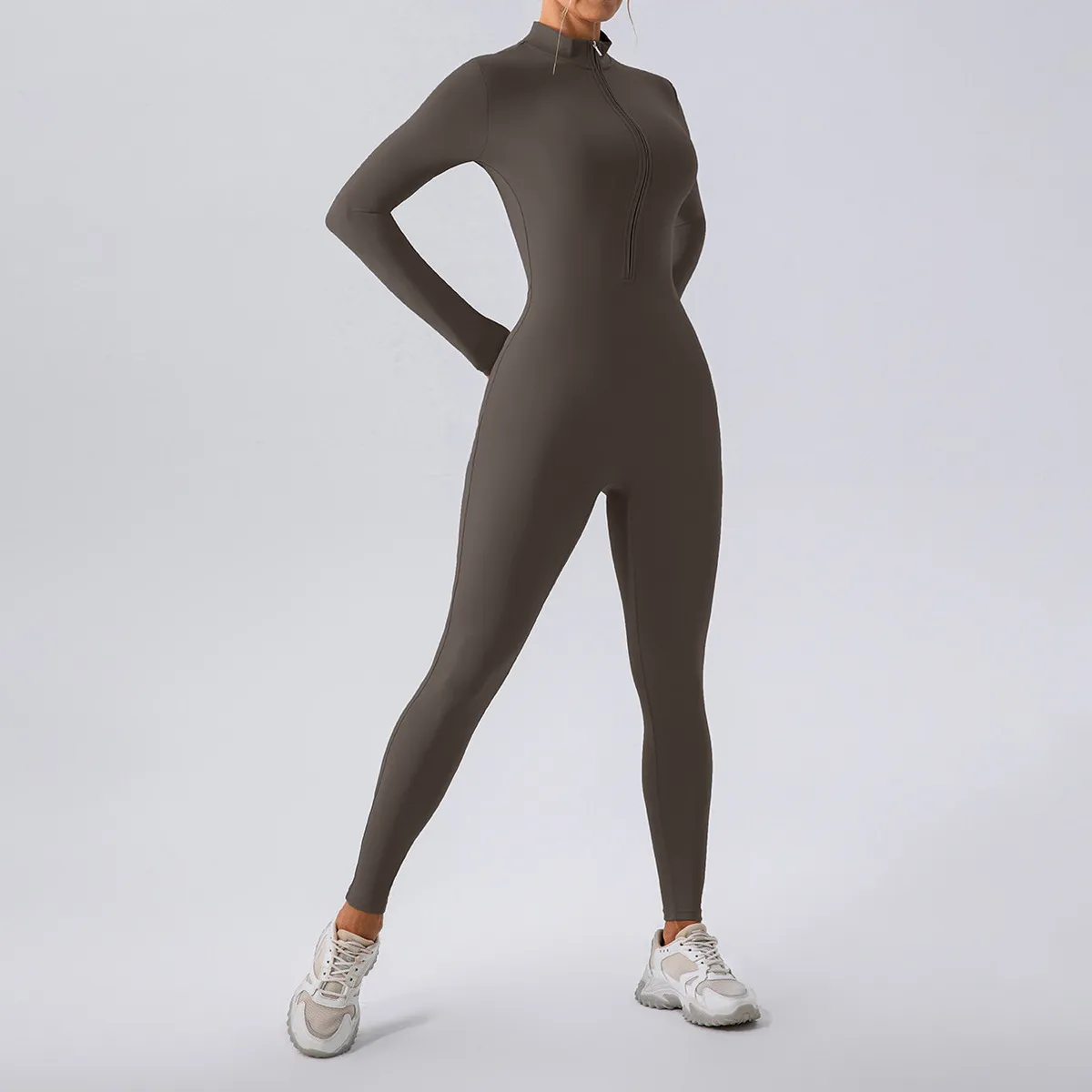 Women Fashion Casual Solid Color Seamless Long-Sleeve Zipper Tight Waist Yoga Sports Jumpsuits